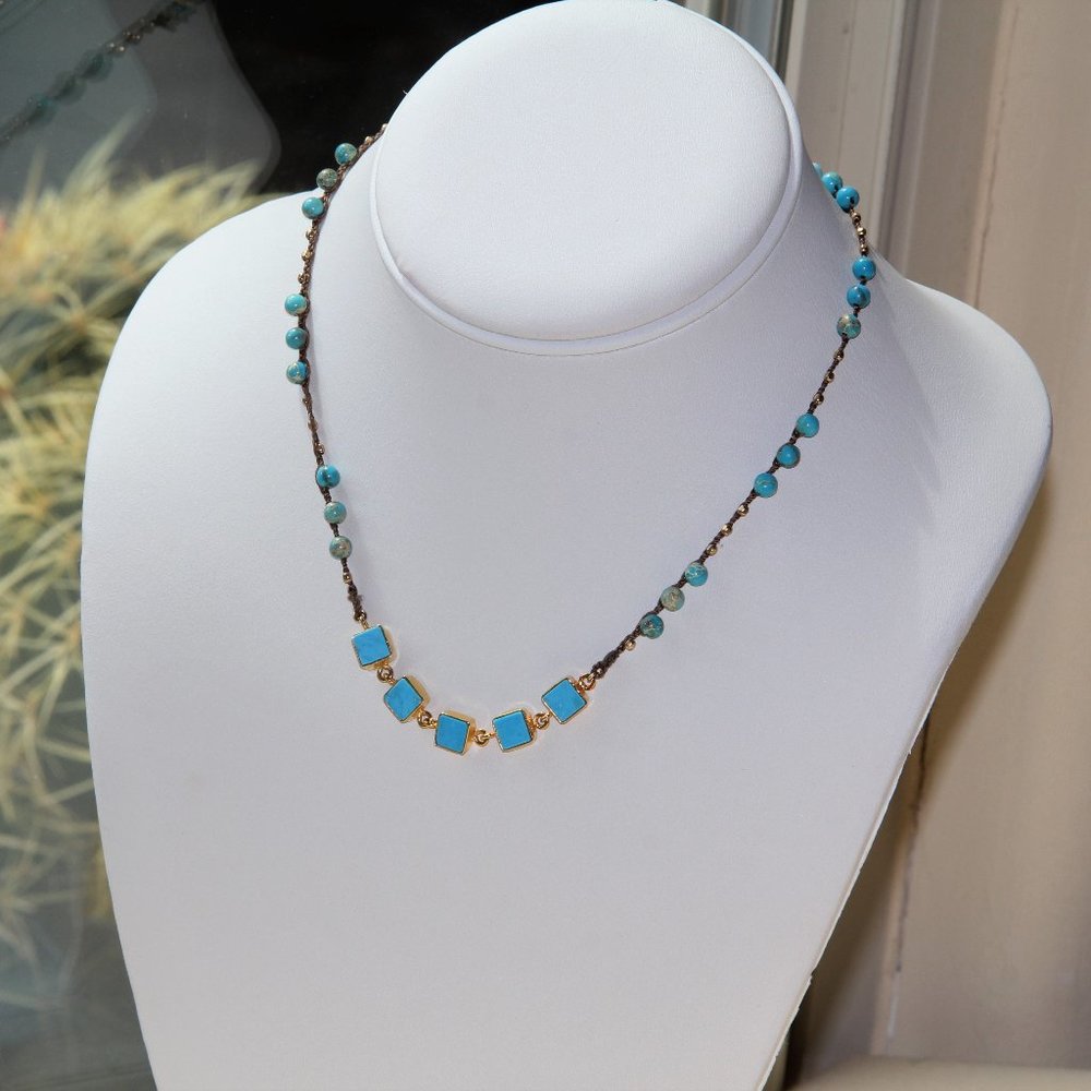 Native Gem Turquoise, Jasper, Gold, Silk Necklace